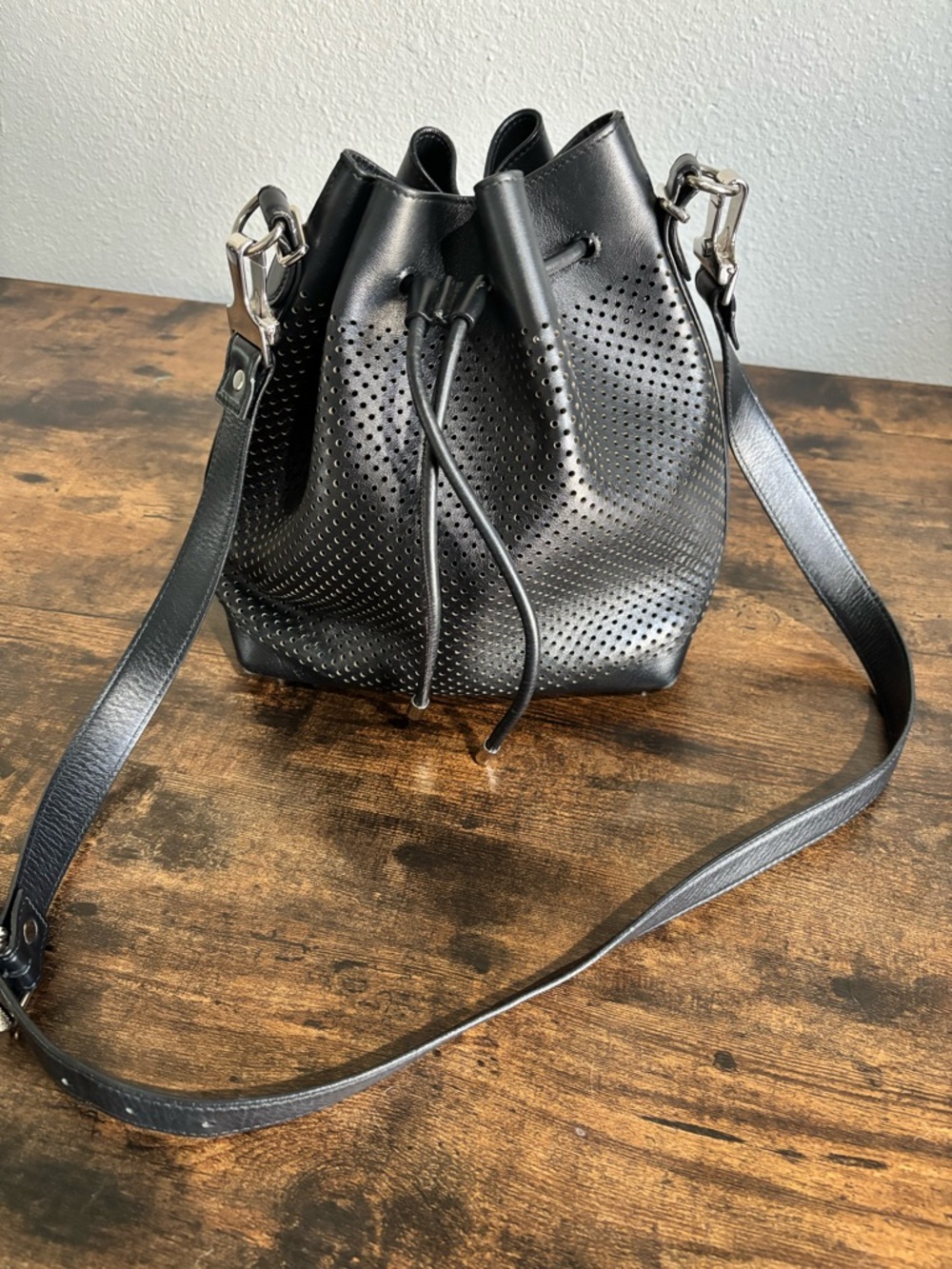 Proenza Schouler Black Perforated Leather Drawstring Bucket Tote